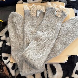 Gray Knit Socks with Lace Trim and Pearls